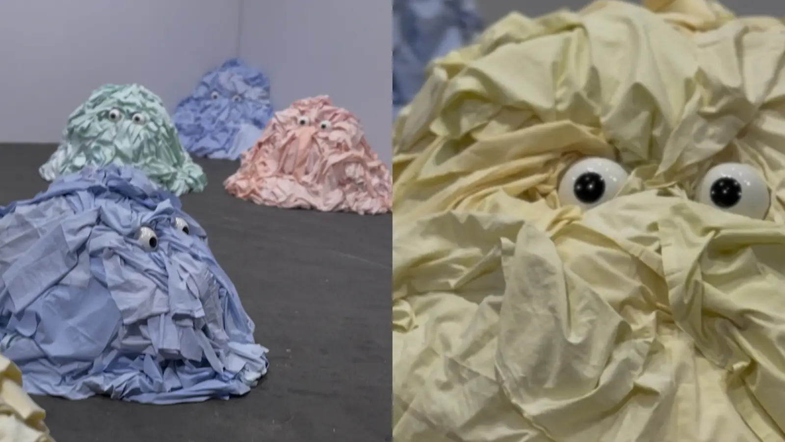 Benoît Piéron, "Cairns": the mounds of hospital sheets with the ceramic eyes. 